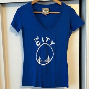 Blue Fitted Short Sleeve T-Shirt with White Graphic